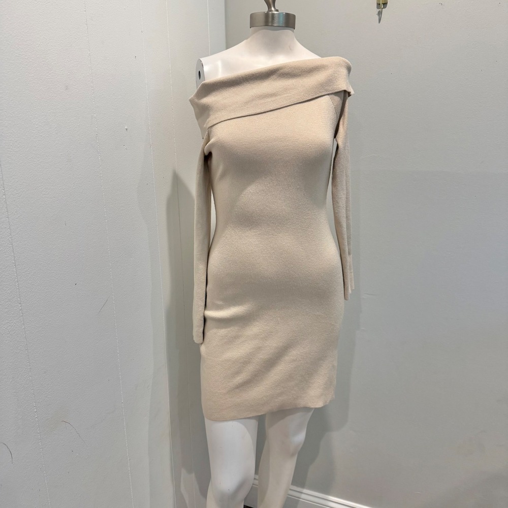 MEROKEETY Beige Off Shoulder Ribbed Knit Bodycon Sweater Dress | Size S